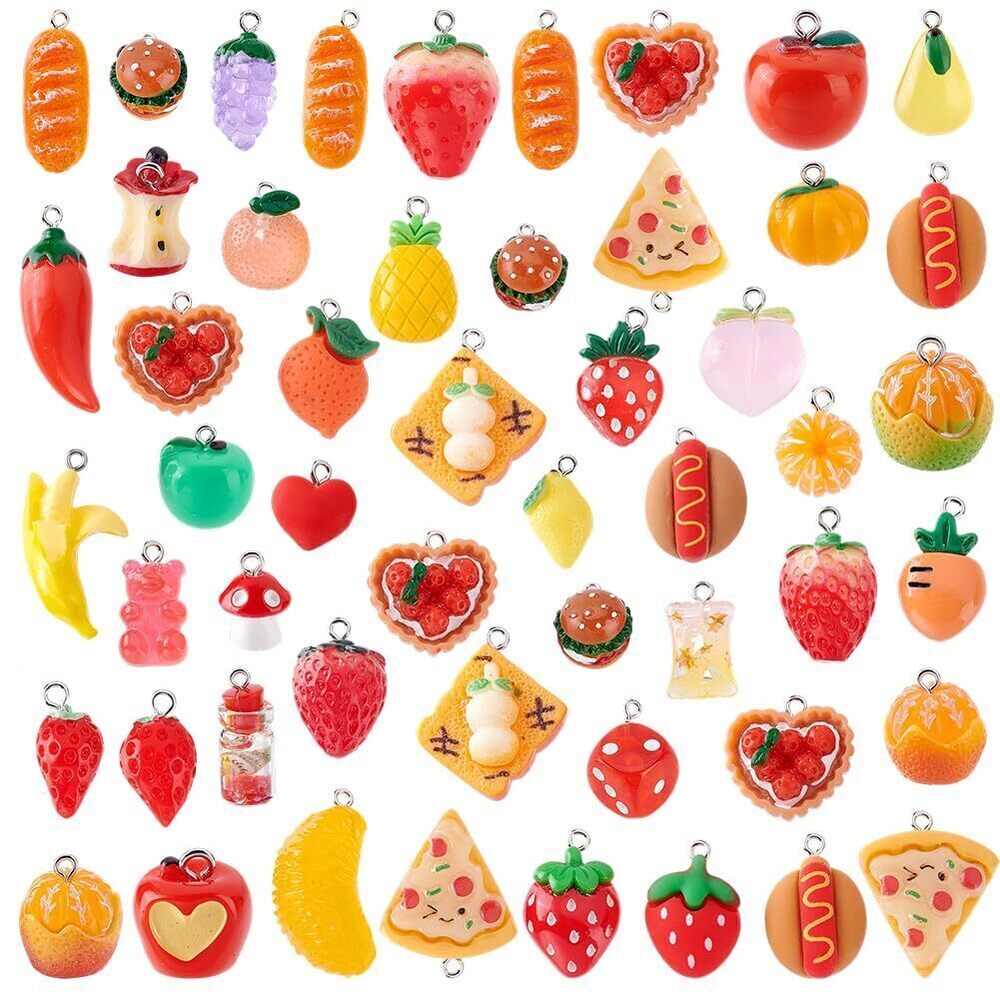 1587 52pcs 3D Fruit Resin Charms Fast Food Resin Pendant, Cute Strawberry